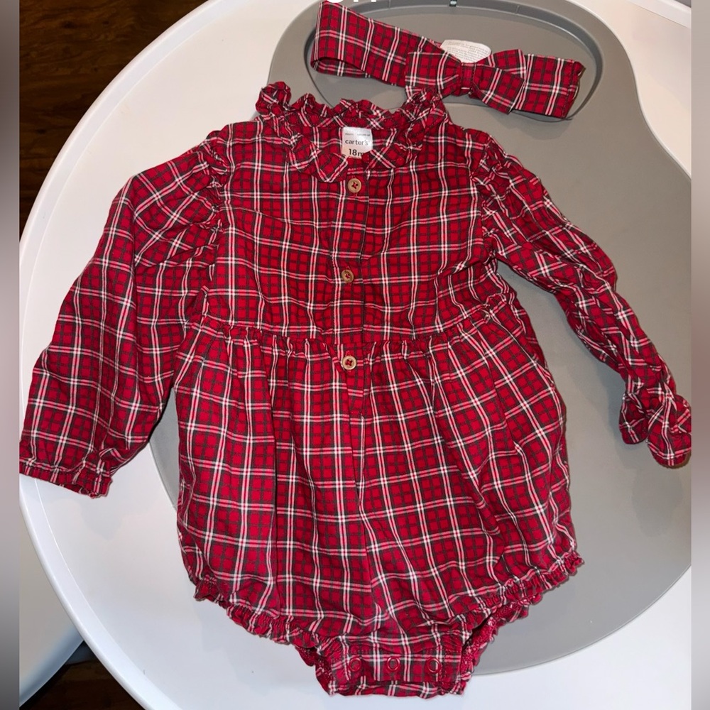 Carter's Red Plaid Long-Sleeve Bubble Romper with Matching Headband, Ruffles